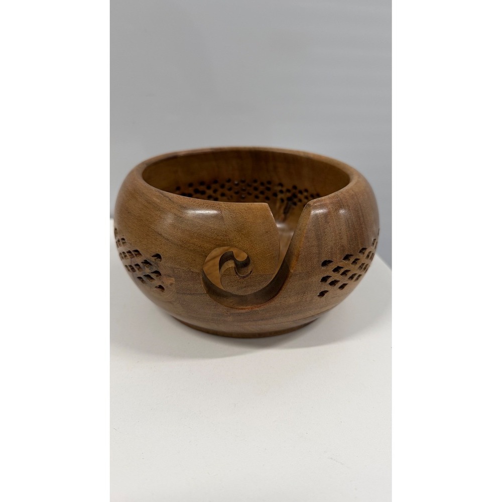 Kimona Handcrafted Wooden Yarn Storage Bowl 7x4 Brown Lattice Carved Organizer